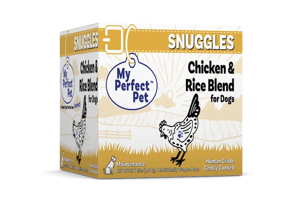 Snuggles Chicken & Rice Blend for Dogs, by My Perfect Pet Food (product package)