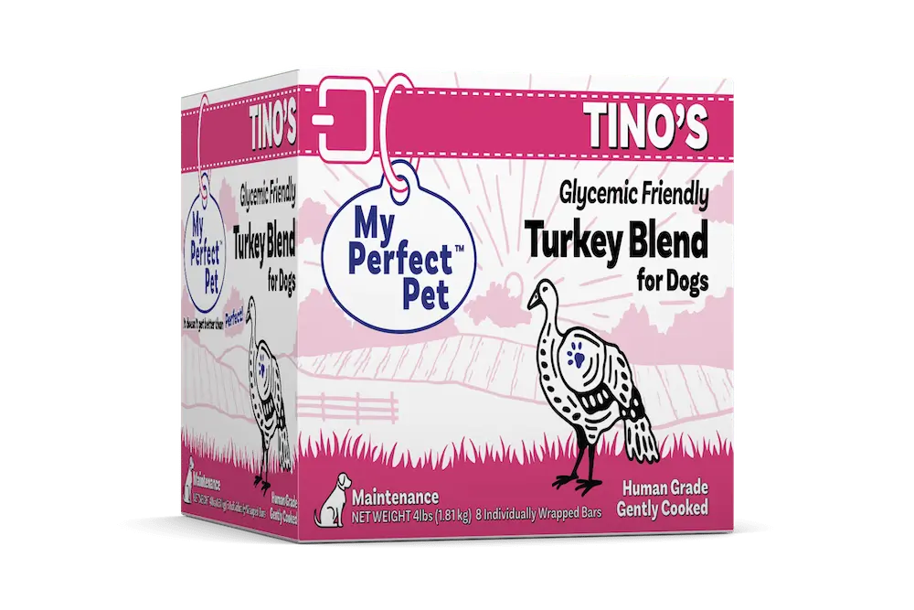 Tino's Glycemic Friendly Turkey Blend for Dogs, by My Perfect Pet (product package)