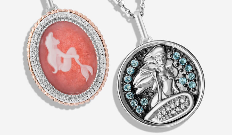 Disney The Little Mermaid Iconic Inspired Diamond Coin Necklace Pendant in Sterling Silver and 10K Rose Gold 1/20 Cttw | Disney Fine Jewelry