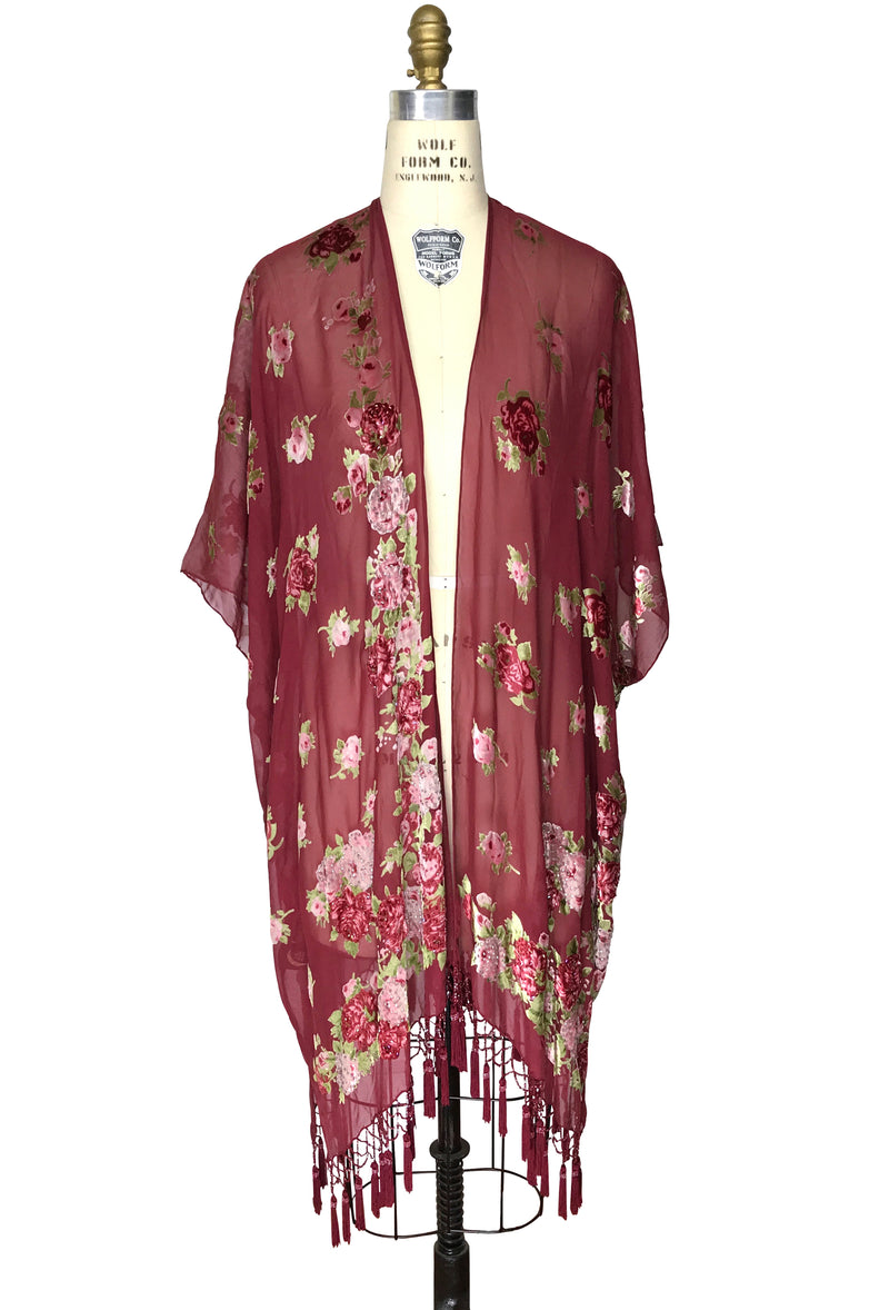 Luxury English Rose Silk Chiffon Tassel 20s Dressing Room Wrap - Burgu
