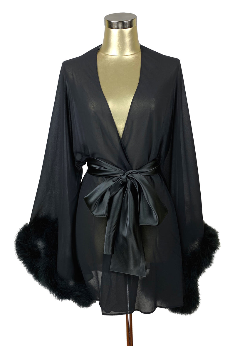 The 1930's Ostrich Glamour Boudoir Lounging Robe - Black Noir