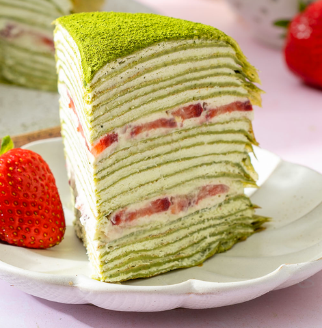 matcha mille crepe with fresh strawberries