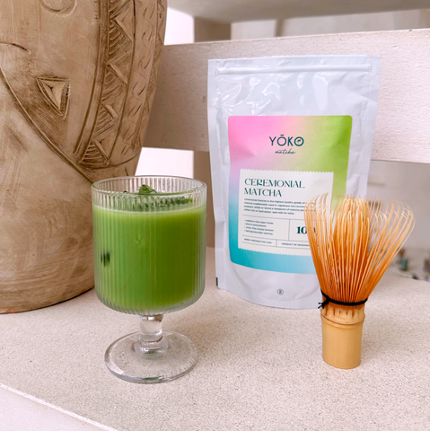 Organic Ceremonial Matcha with Whisk and a Drink