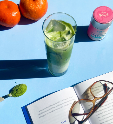 Iced matcha and book