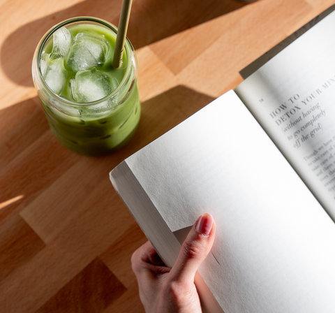 Reading Book and Having Iced Matcha