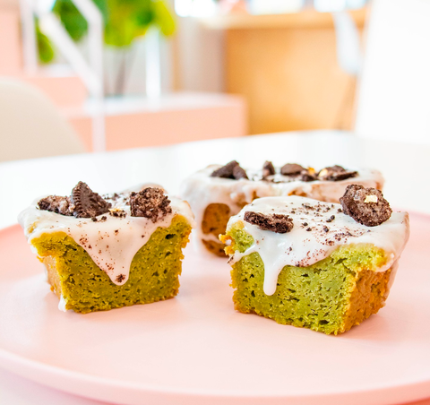 Vegan Matcha Pound Cake Slices with cookie crumble on top