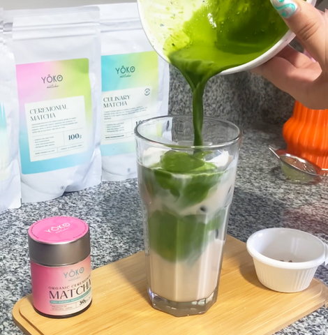 Pouring matcha base in protein shake