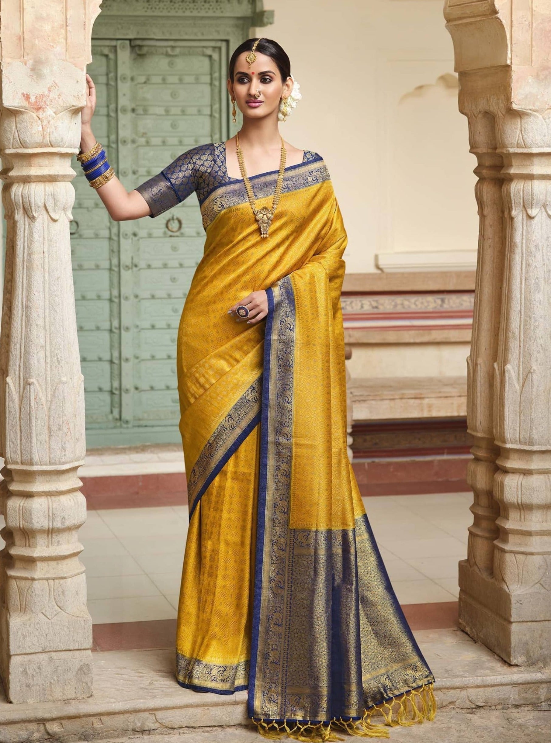 Yellow & Golden Kanjivaram Saree for Woman, Designer Sarees for Wedding |  TST | The Silk Trend