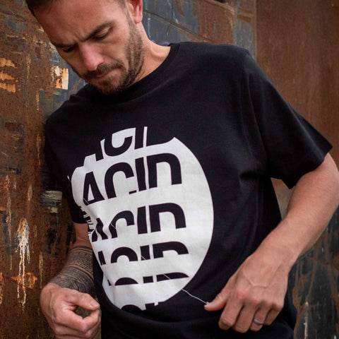 Acid drop black house music t-shirt design with white screen print
