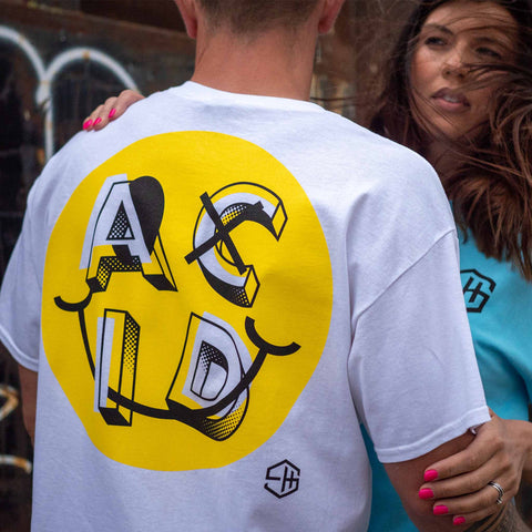Acid house smiley t-shirt design in white and sky blue
