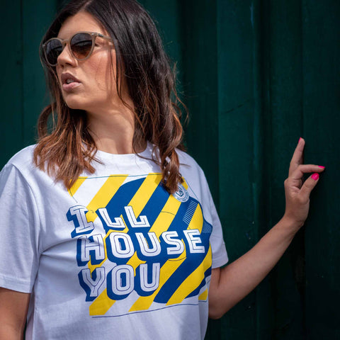 I'll house you graphic design t-shirt in white with yellow and navy screen print