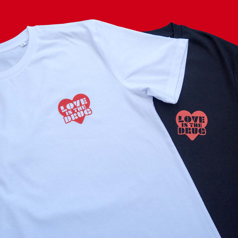 Love is the drug t-shirt design in navy and white with red screen print