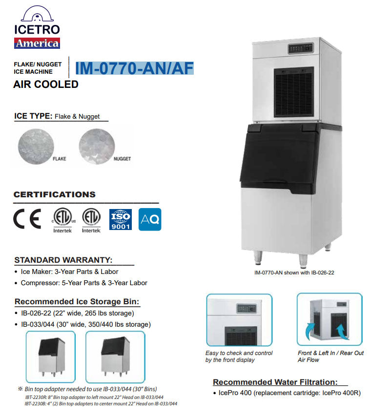 Icetro - IM-0770-AF, Commercial, 22 Air Cooled Ice Machine Flake Ice