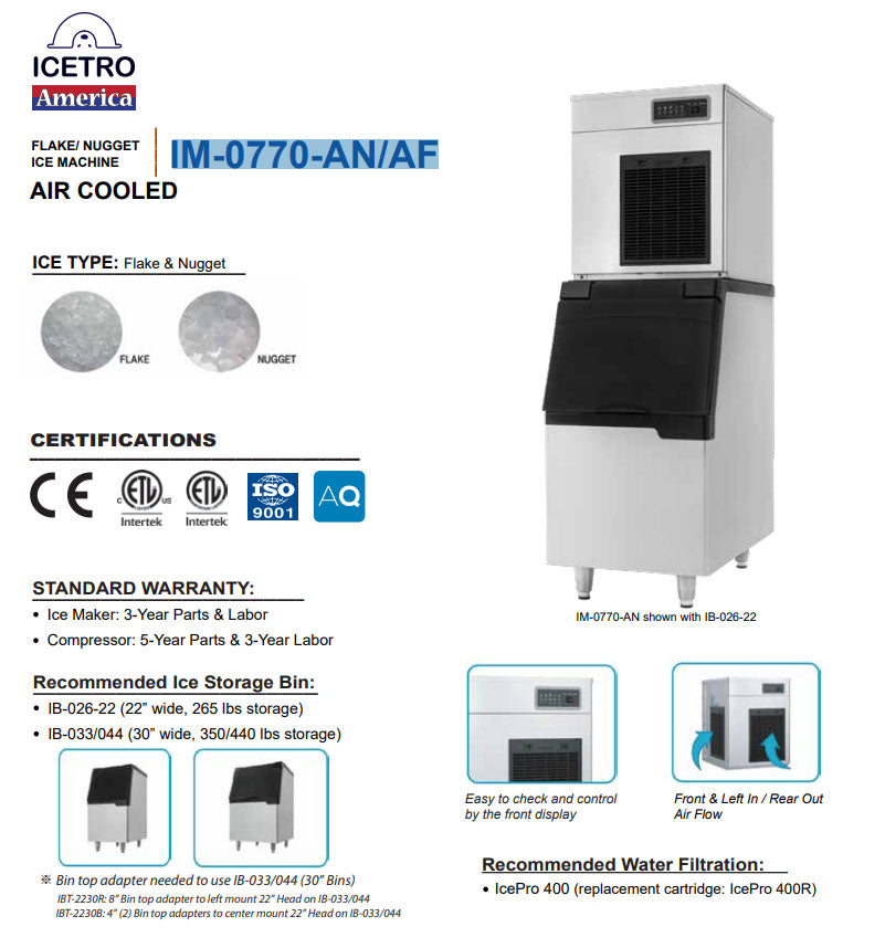 Icetro - IM-0770-AN, Commercial, 22 Air Cooled Ice Machine Nugget Ice Maker 635lbs