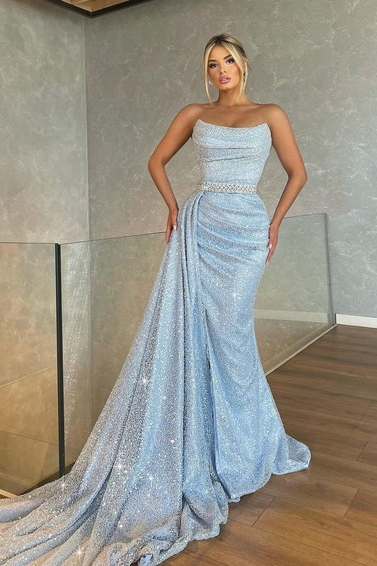 Elegant Sky Blue Sweetheart Mermaid Prom Dress Long Sleeveless – Flora Prom