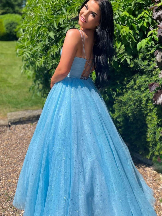 Blue A line tulle sequin long prom dress, blue tulle formal dress