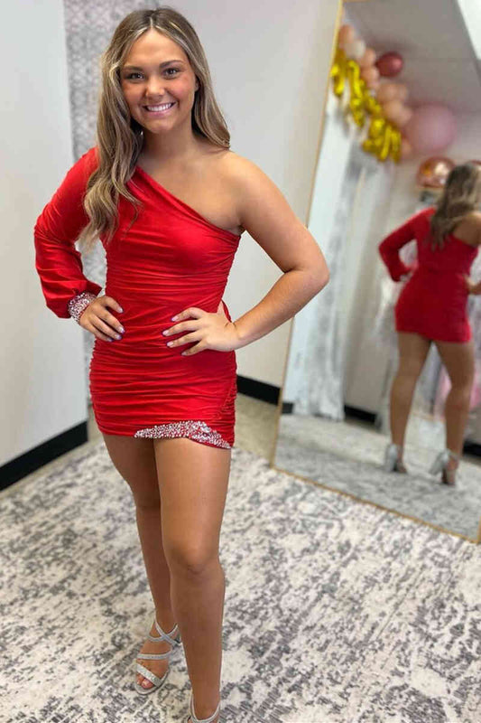 Red Long Sleeve Beaded Short Homecoming Dress
