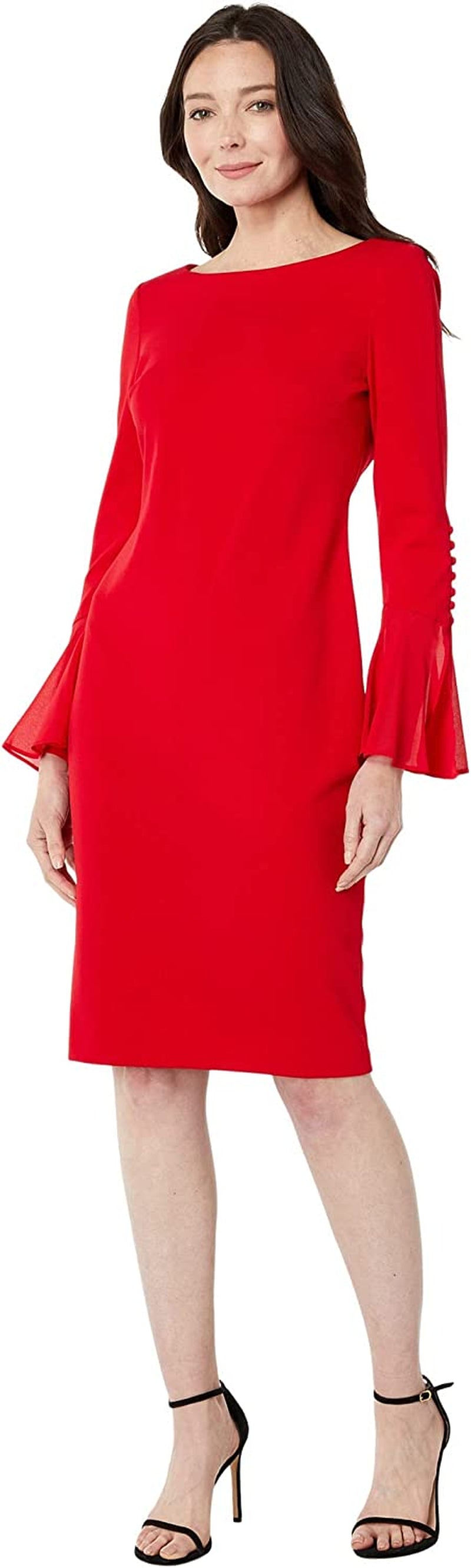Calvin Klein Womens Solid Sheath with Chiffon Bell Sleeves Dress -  