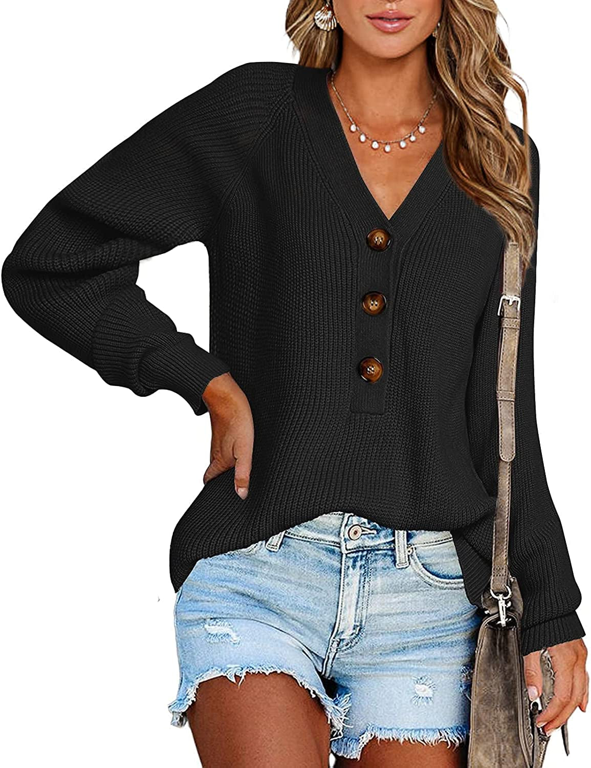 BTFBM Women Long Sleeve V Neck Button down Sweater Solid Color Ribbed -  BeautyShop361.com