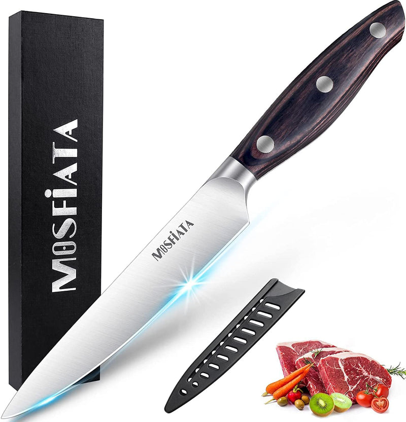  MOSFiATA Chef Knife 8 Inch Kitchen Cooking Knife, 5Cr15Mov High  Carbon Stainless Steel Sharp Knife with Ergonomic Pakkawood Handle, Full  Tang Vegetable Meat Cutting Knife with Sheath for Home Kitchen: Home