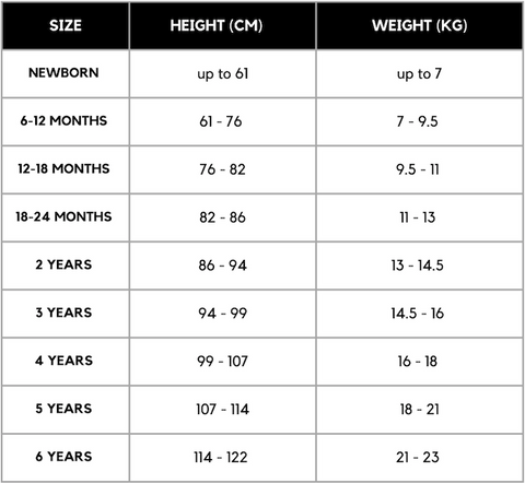 Size chart showing height and weight measurements