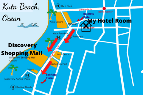 Map of Kuta Bali and Route from Hotel to Discovery Shopping Mall 