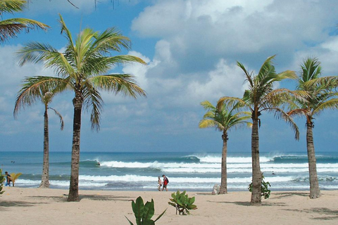Beach in Kuta, Bali with waves and palm trees