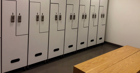 Lockers and bench in locker room