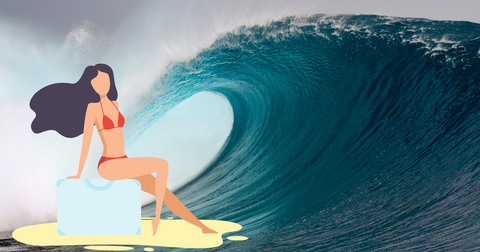 Woman in red string bikini with flowing log hair seated by large beach wave 