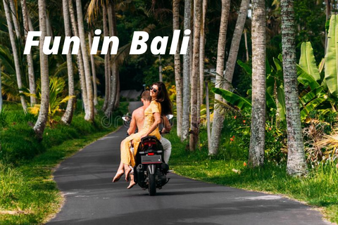Fun in Bali, woman passenger on motorcycle looking back