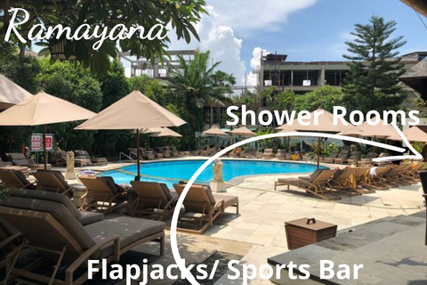 Ramayana Hotel, Kuta, Bali, Swimming Pool, arrow points to Shower Rooms