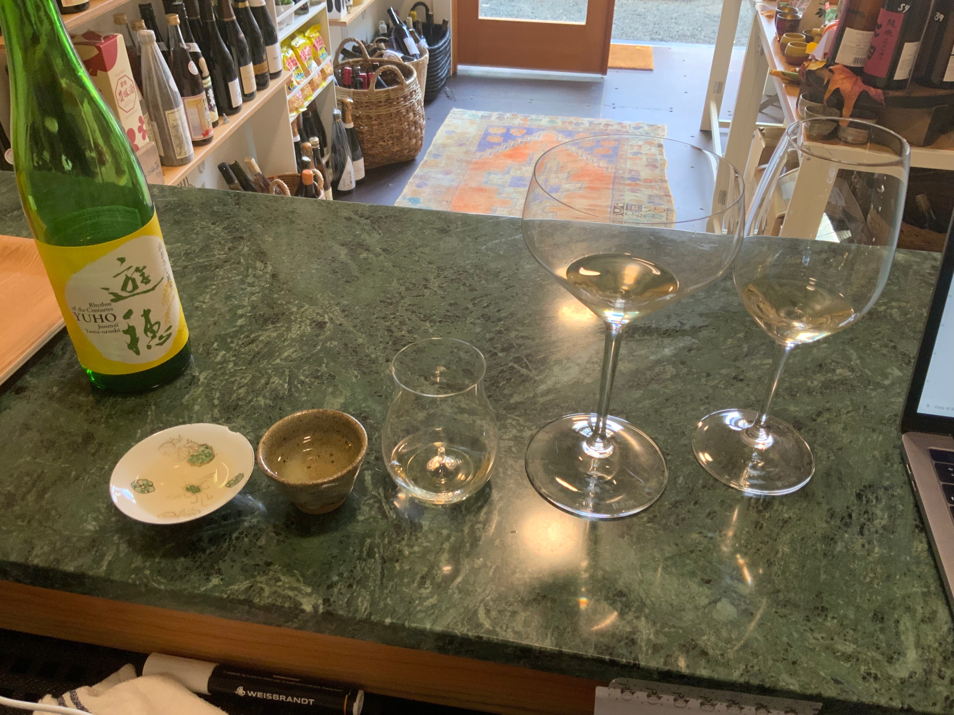 A lineup of 5 sake cups and glasses for comparison