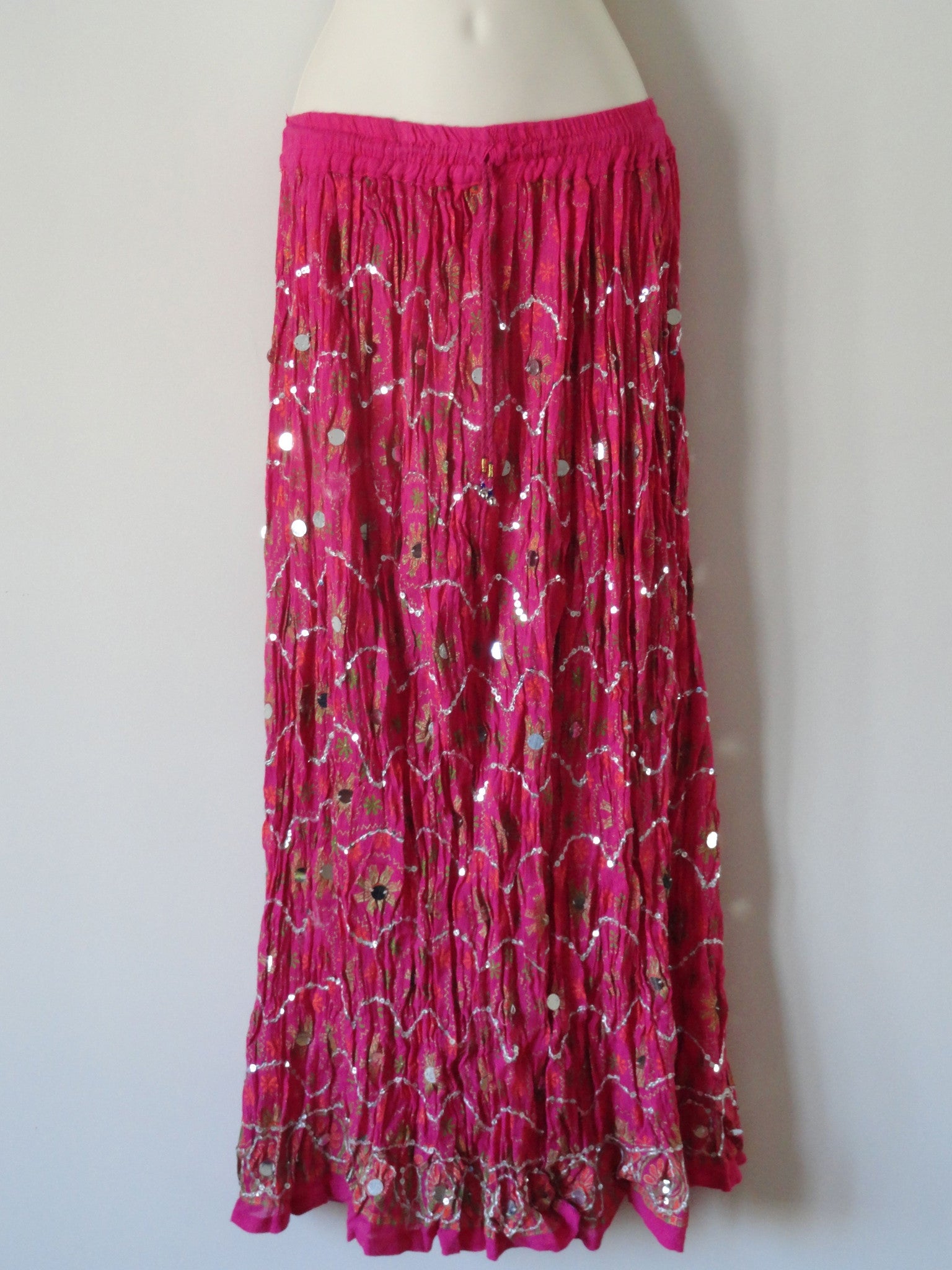 Long, crushed cotton pink skirt. Indian maxi, mirror work skirt. Crink ...