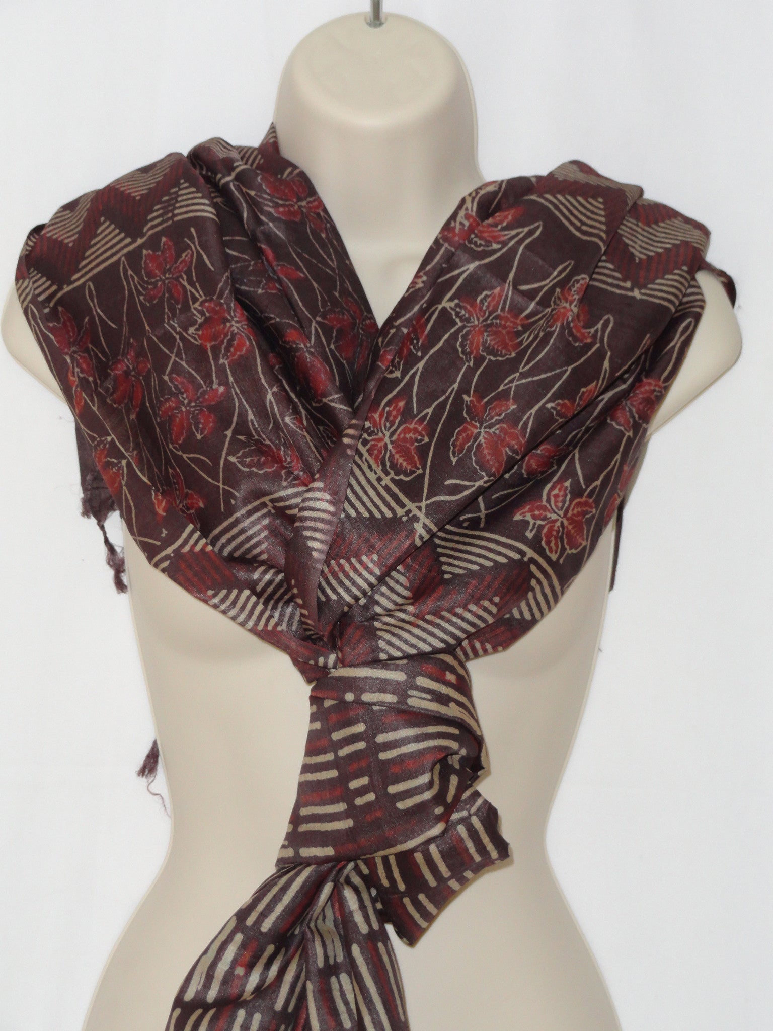 Ethnic indian brown and red scarf, Indian silk shawl, geometric infini ...