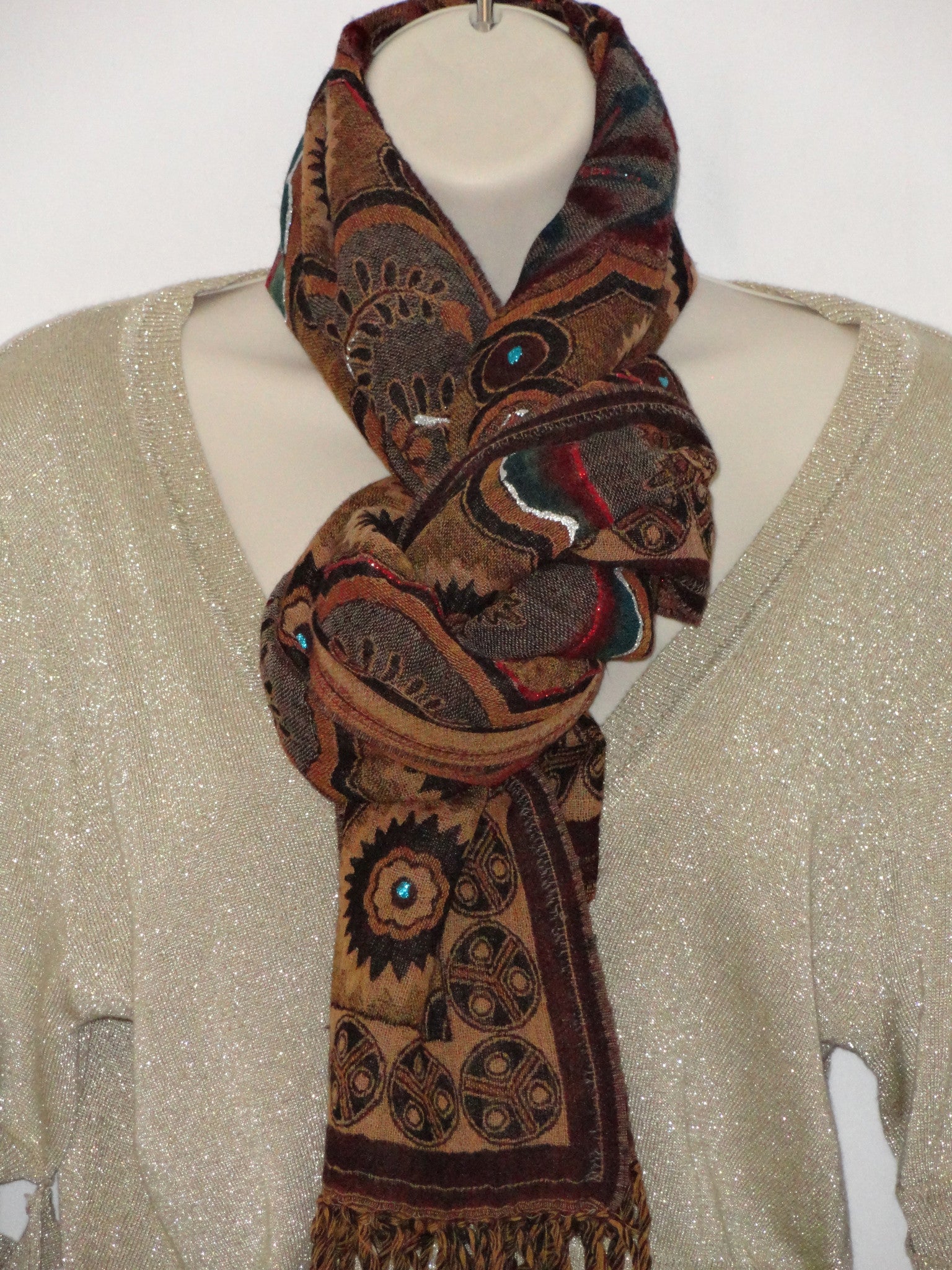 Hand painted woollen shawl. Indian shawl, scarf, wool shawl. Brown flo ...