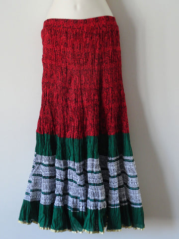 Indian boho long skirt. Maxi, crushed cotton gypsy red and green skirt ...