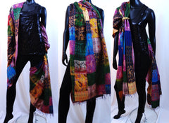 Patchwork Silk Indian Shawl. Ethnic multicolor scarf, Indian silk stol ...