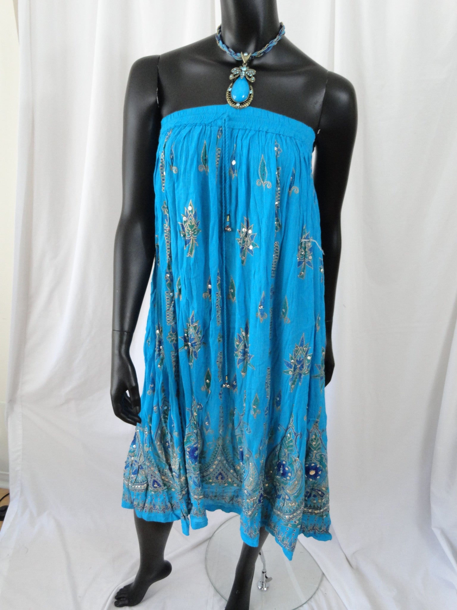 Long, crushed cotton turquoise blue skirt. Indian maxi, mirror work, C ...