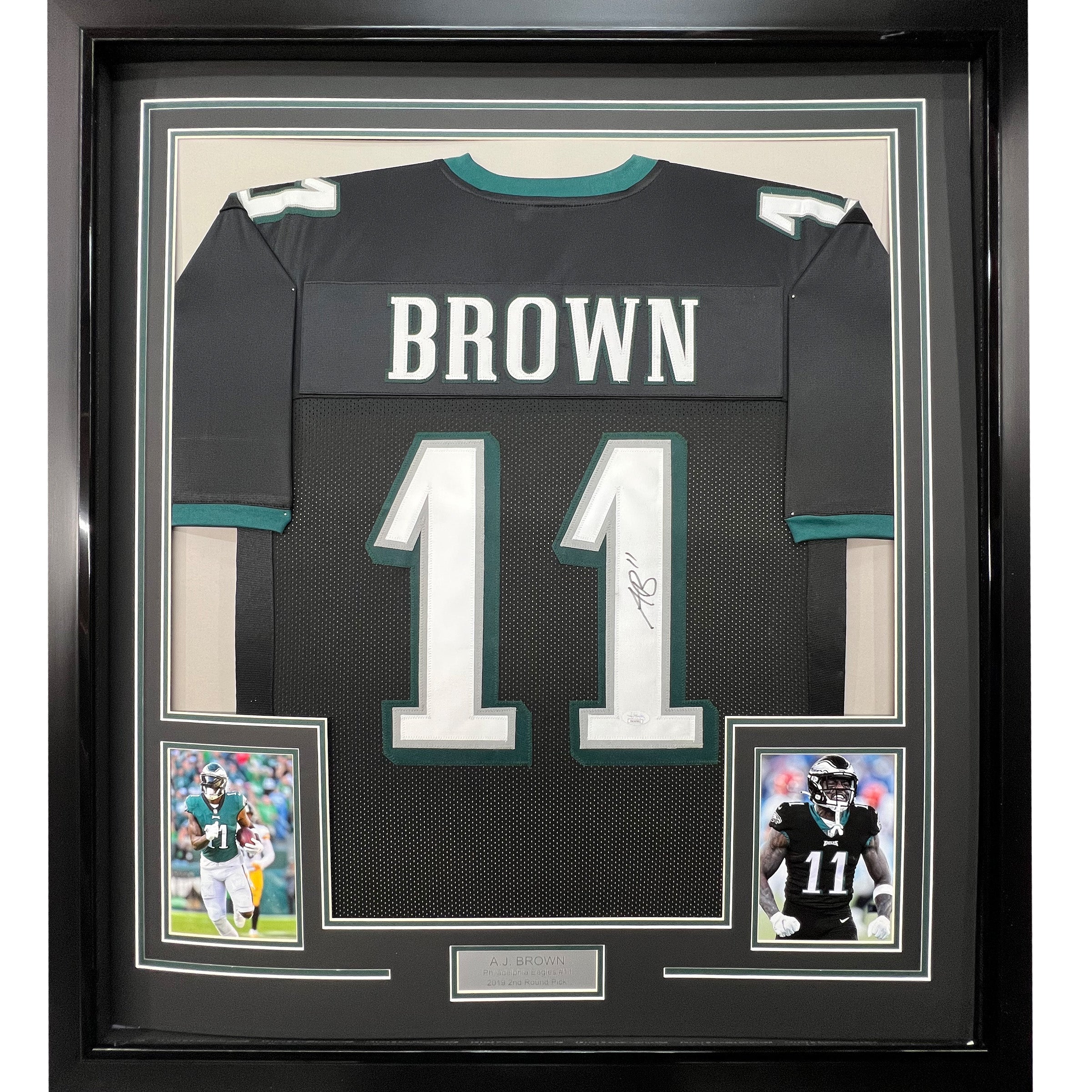 Framed Autographed/Signed AJ A.J. Brown 33x42 Philadelphia Black Football Jersey PSA/DNA COA