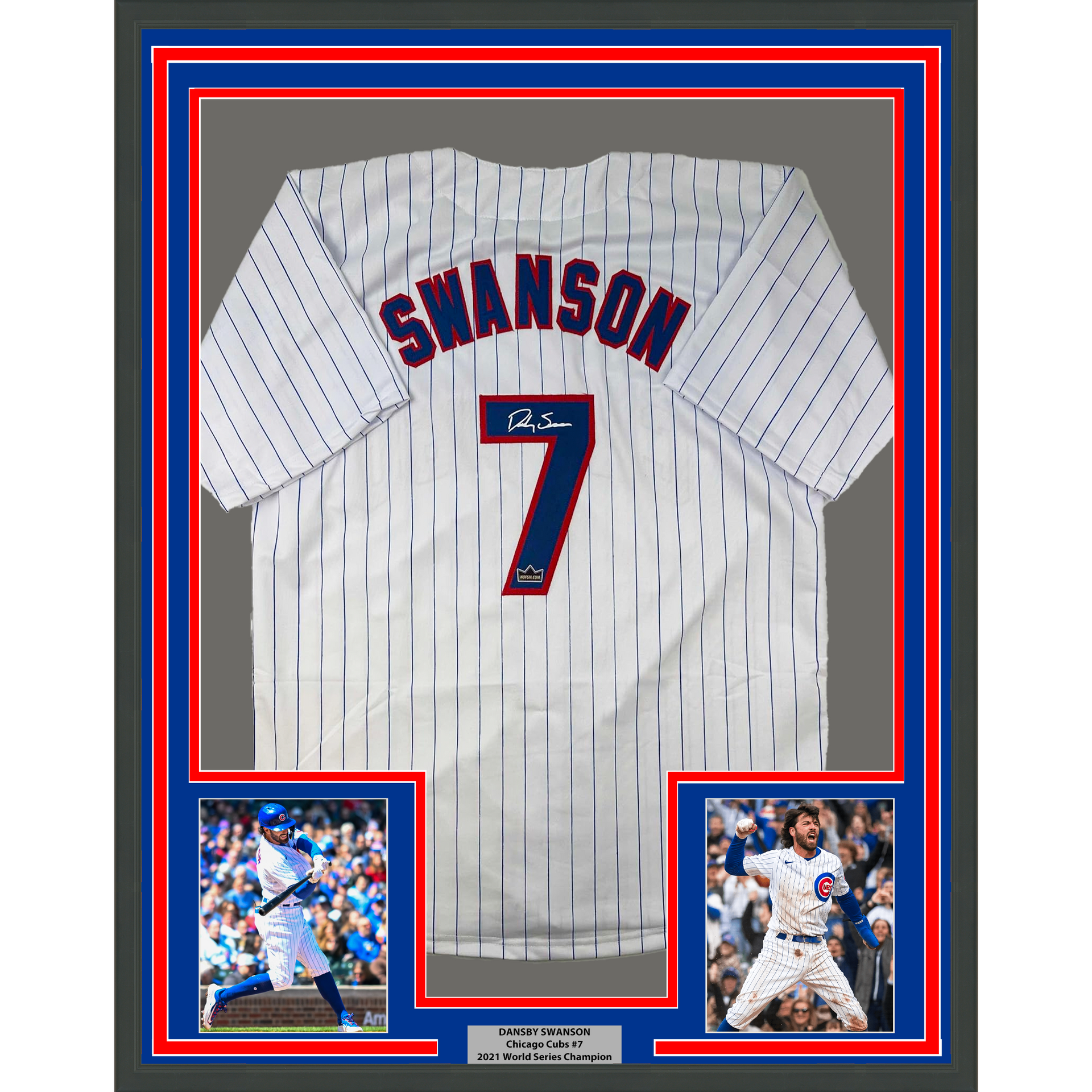 Framed Facsimile Autographed Dansby Swanson 33x42 Chicago Pinstripe Reprint  Laser Auto Baseball Jersey - Hall of Fame Sports Memorabilia