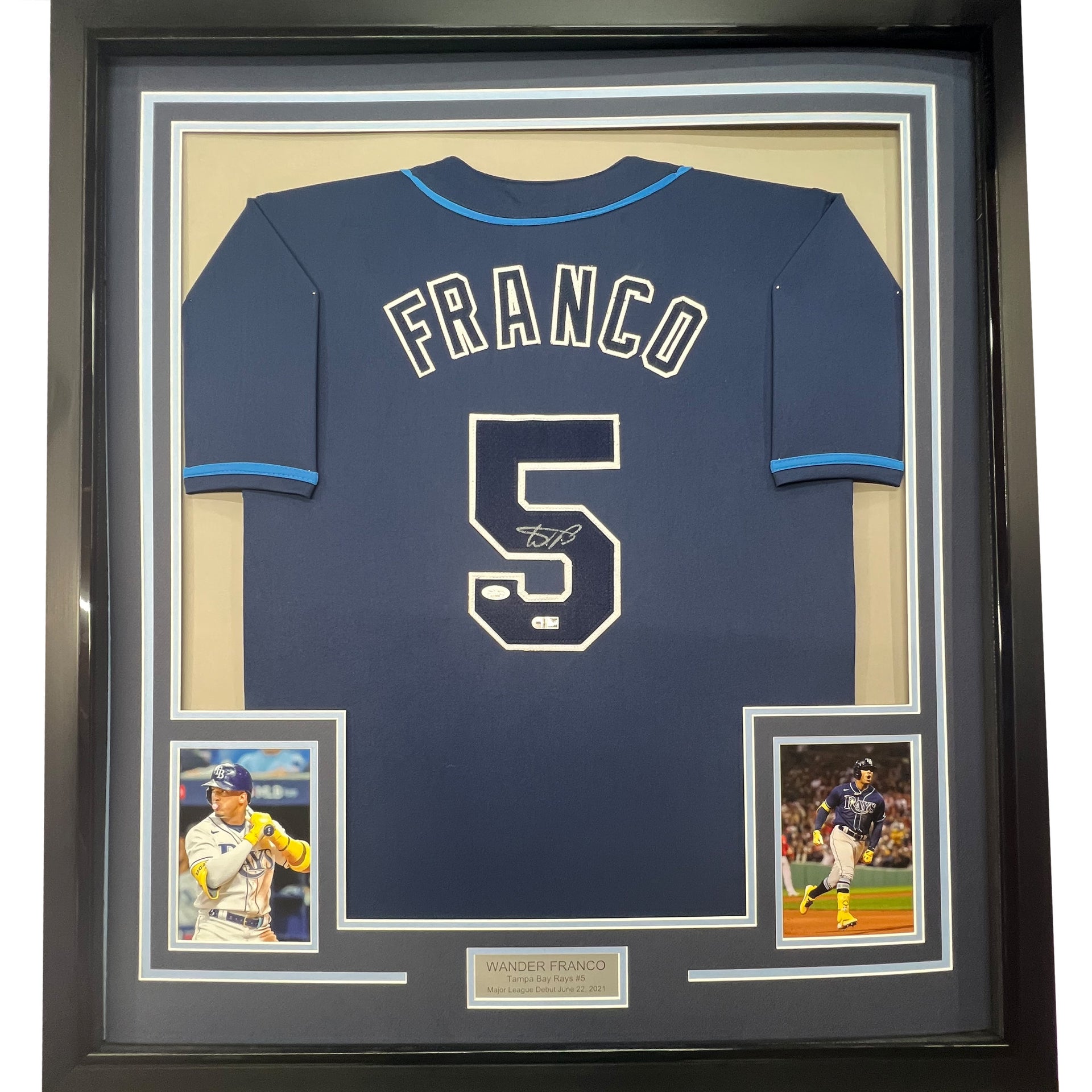 Framed Autographed/Signed Wander Franco 33x42 Tampa Bay Dark Blue Baseball  Jersey JSA COA - Hall of Fame Sports Memorabilia