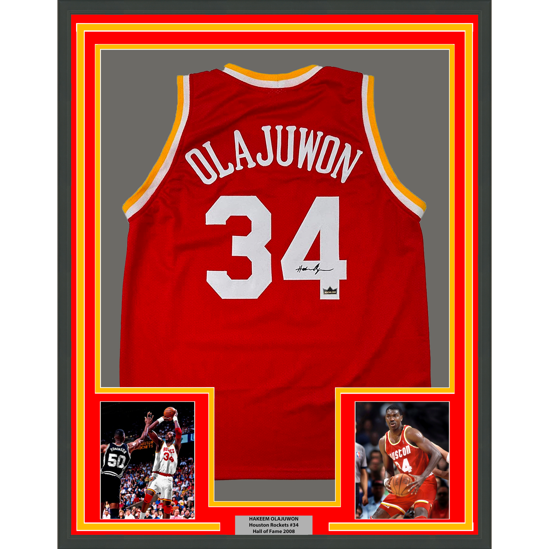 Houston Rockets Hakeem Olajuwon Autographed Framed Red Jersey JSA Stock  #209446