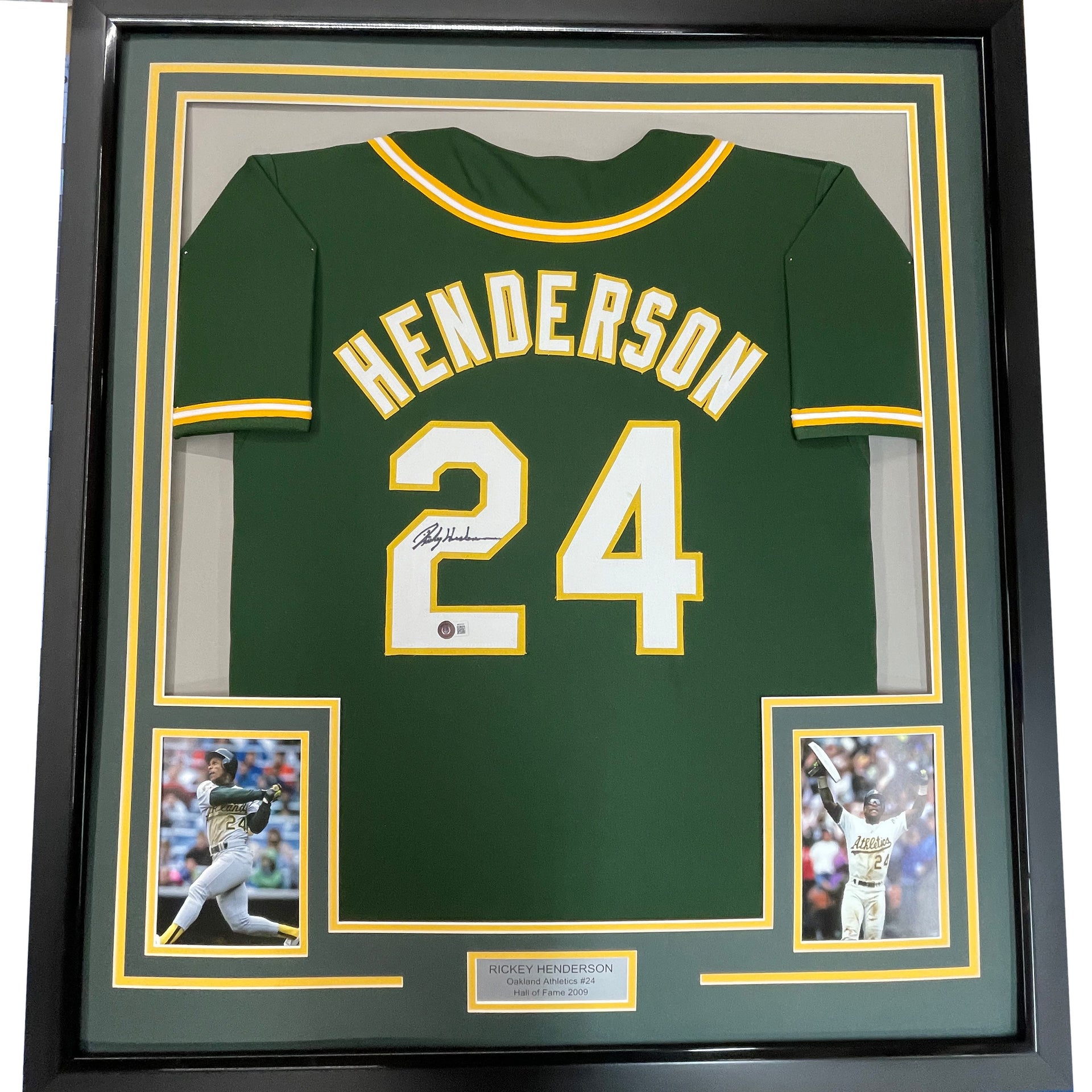 Framed Autographed/Signed Rickey Henderson 33x42 Oakland Green Baseball  Jersey Beckett BAS COA - Hall of Fame Sports Memorabilia