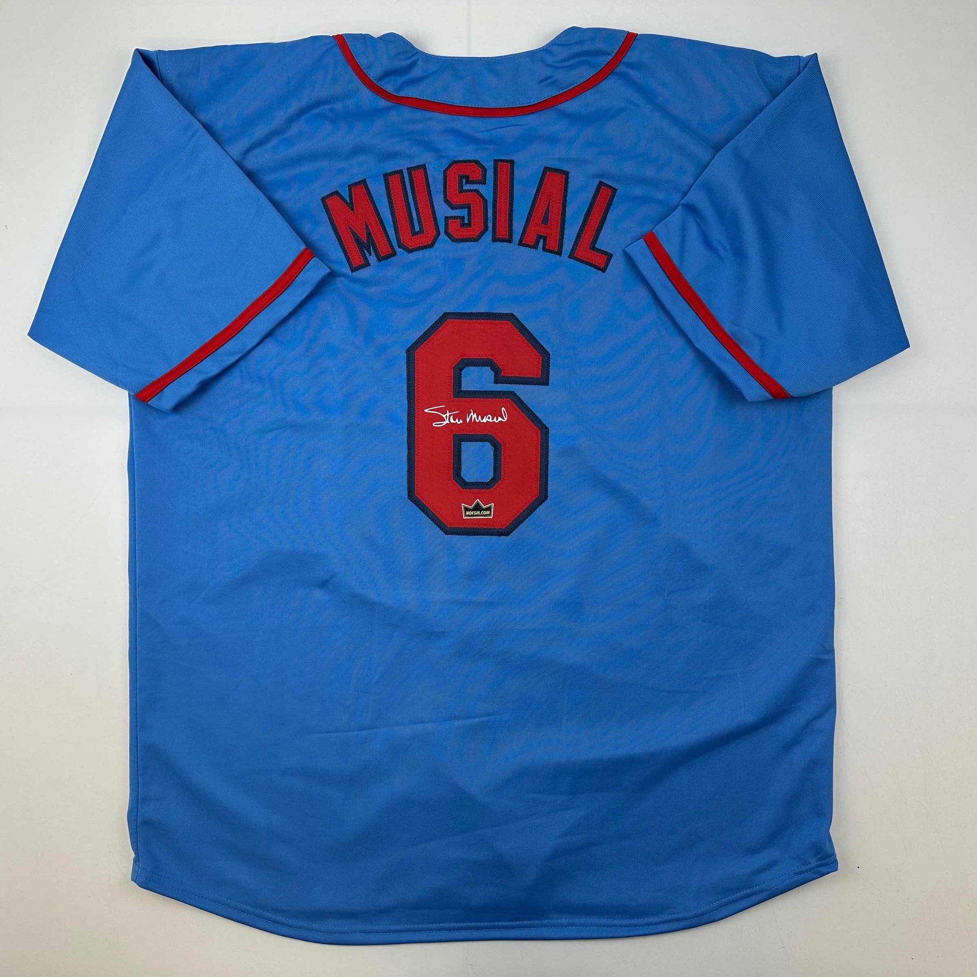 Facsimile Autographed Stan Musial St. Louis Blue Reprint Laser Auto  Baseball Jersey Size Men's XL - Hall of Fame Sports Memorabilia