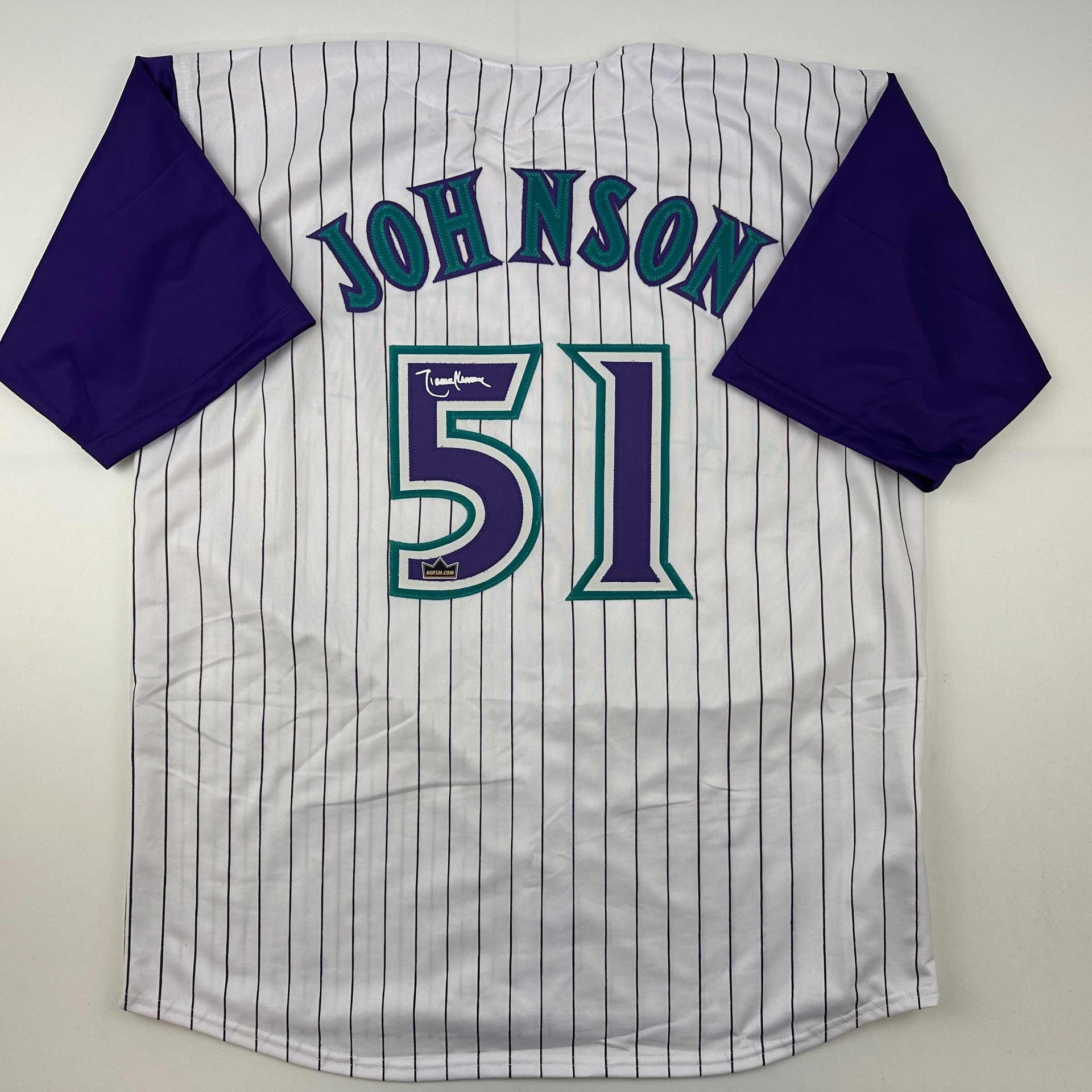 Facsimile Autographed Randy Johnson Arizona Pinstripe Reprint Laser Auto Baseball  Jersey Size Men's XL - Hall of Fame Sports Memorabilia