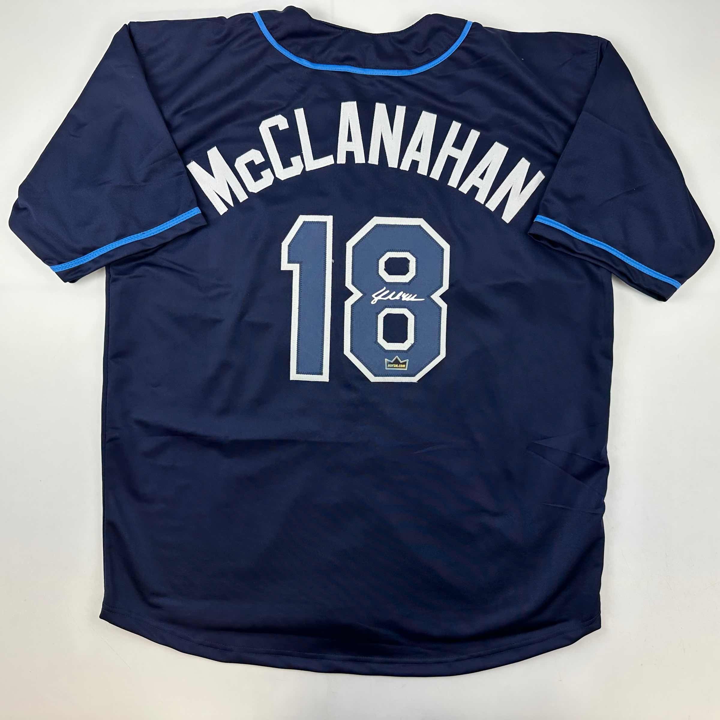 Facsimile Autographed Shane McClanahan Tampa Bay Navy Blue Reprint Laser Auto Baseball Jersey Size M