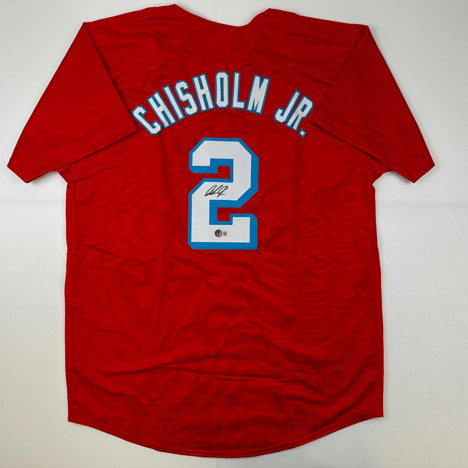 Autographed/Signed Jazz Chisholm Jr. Miami Red Baseball Jersey Beckett BAS  COA - Hall of Fame Sports Memorabilia