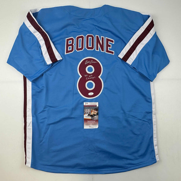 Bob Boone Signed Philadelphia Phillies White Pinstripe Majestic Replica Baseball Jersey w/80 WS Champs