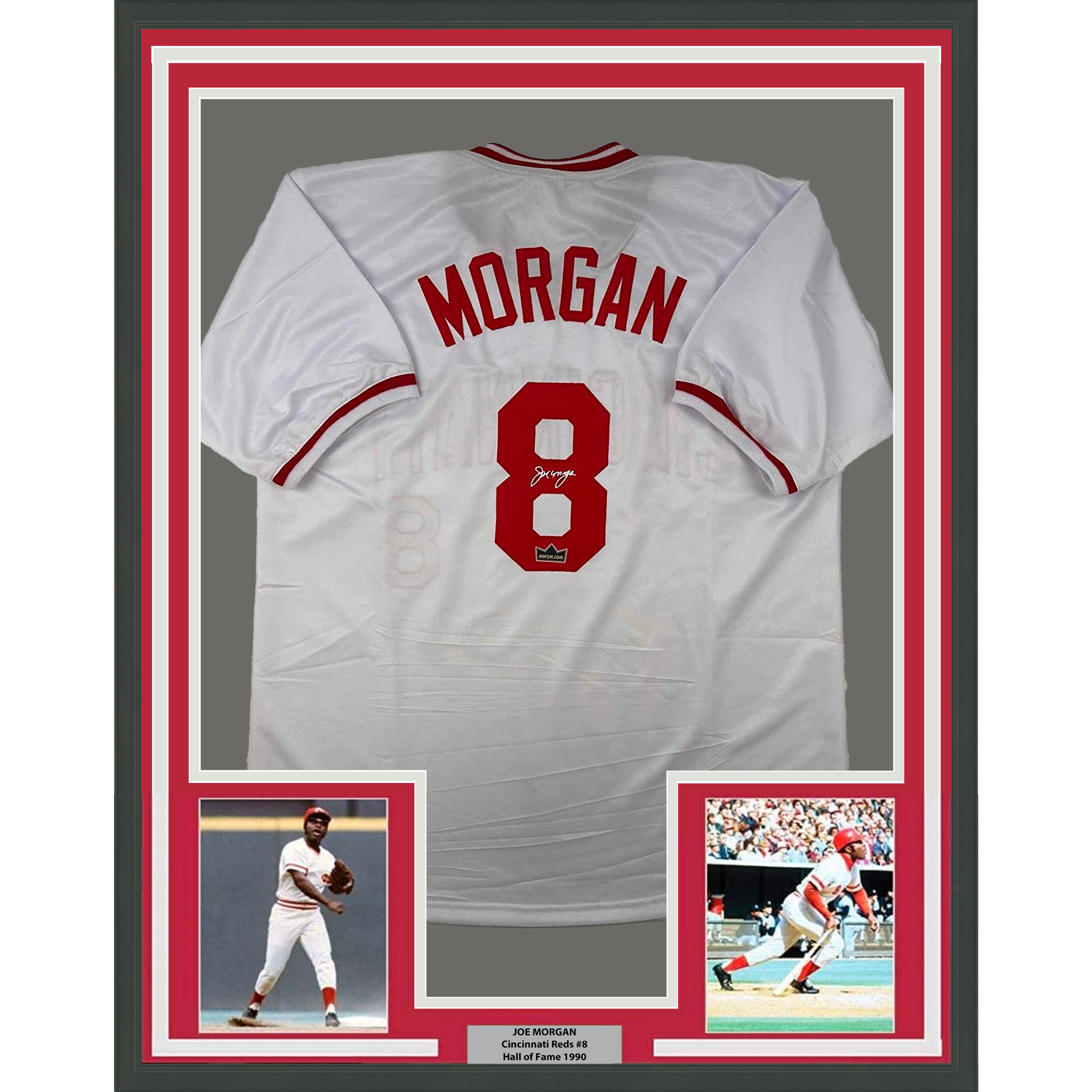 Framed Facsimile Autographed Joe Morgan 33x42 Cincinnati White Reprint Laser Auto Baseball Jersey