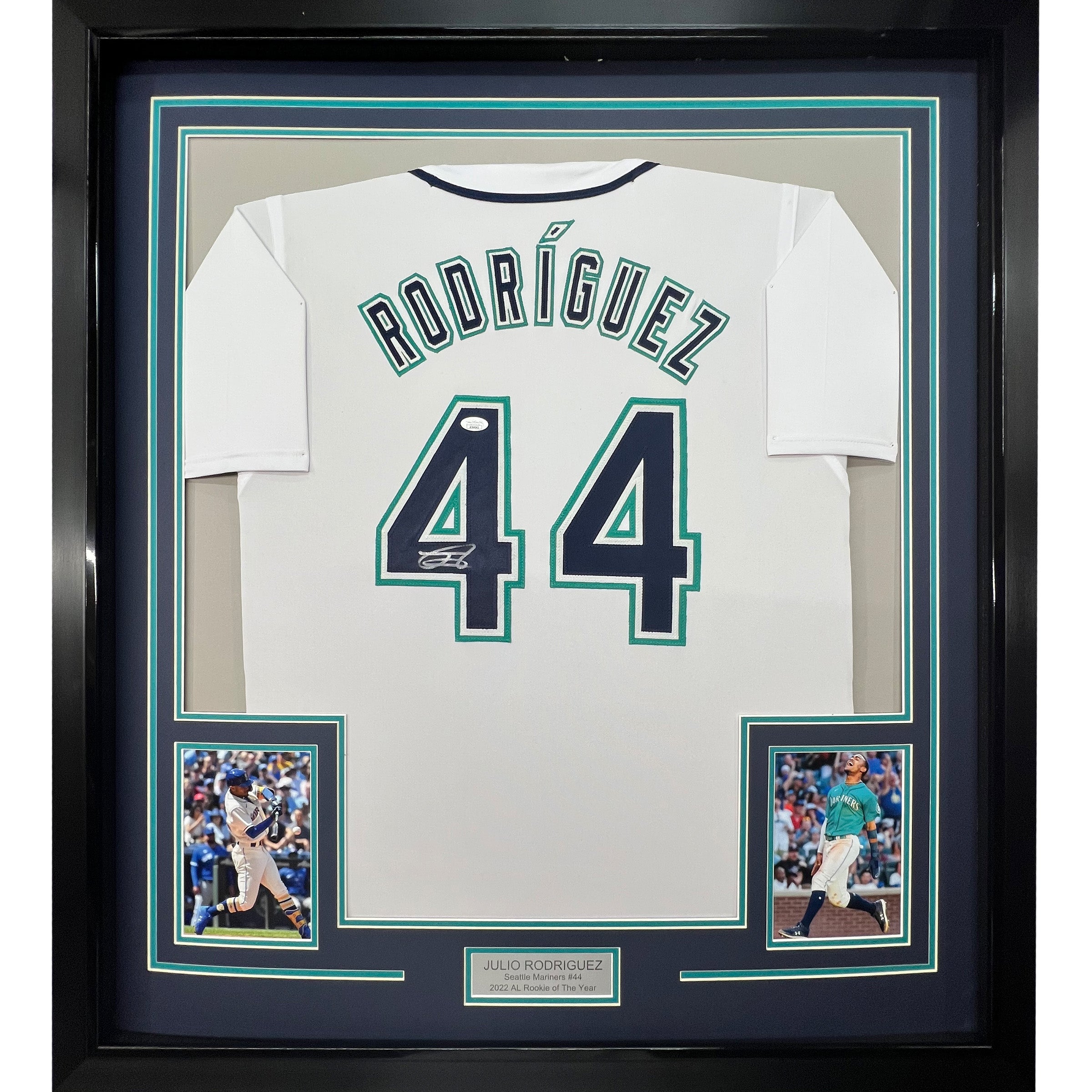 Framed Autographed/Signed Julio Rodriguez 33x42 Seattle White Baseball Jersey JSA COA